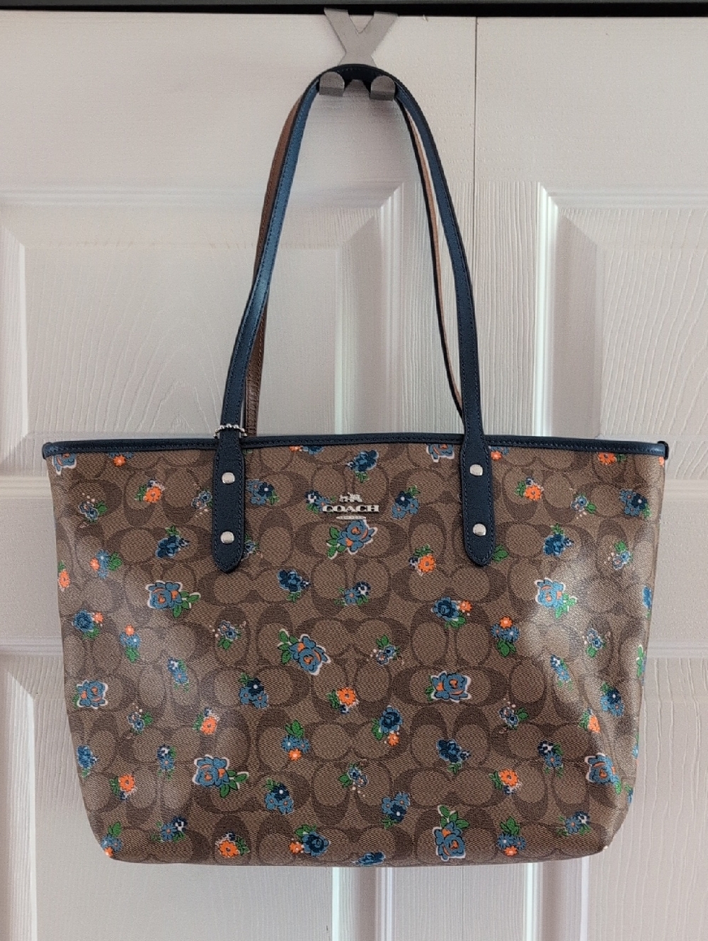 Coach Brown Signature Floral Tote with Blue Trim
